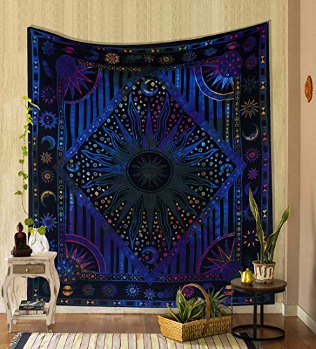 THE ART BOX Indie Wandteppich Baumwolle Mandala Wandbehang Deko Teppich Aesthetic Room Decor Dekoration Wohnzimmer Indische Tücher Schlafzimmer Deko, Blaues Neon Neon, 135x210 Cm von THE ART BOX