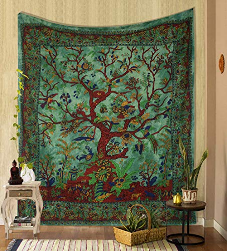 THE ART BOX Tapisserie Grüner Baum des Lebens Wandbehang Psychedelische Wandteppiche Indische Baumwolle Twin Tagesdecke Picknickplatte Wanddekor Decke Wandkunst (Twin, 82x54 Zoll) von THE ART BOX