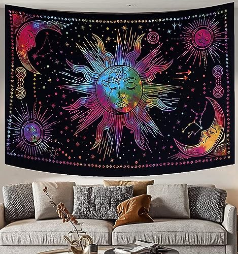 THE ART BOX The Sonne Mond Stern Spiritueller Asthetischer Wandteppich Regenbogen – 135 x 210cm Reine Baumwolle Hippie Wand Tuch zum Aufhängen Tagesdecke Tierkreis Tapestries von THE ART BOX
