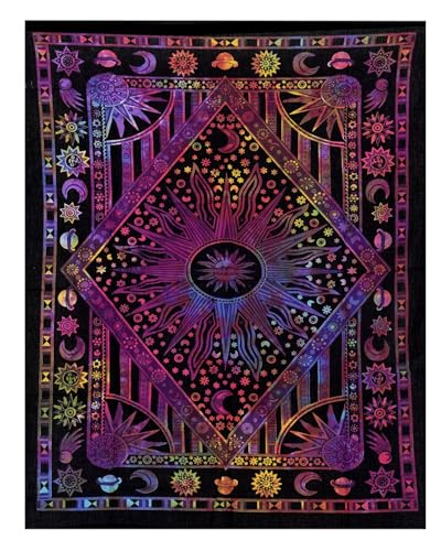 THE ART BOX Indie Wandteppich Baumwolle Mandala Wandbehang Deko Teppich Aesthetic Room Decor Dekoration Wohnzimmer Indische Tücher Schlafzimmer Deko, lila multi, 210x230 Cm von THE ART BOX