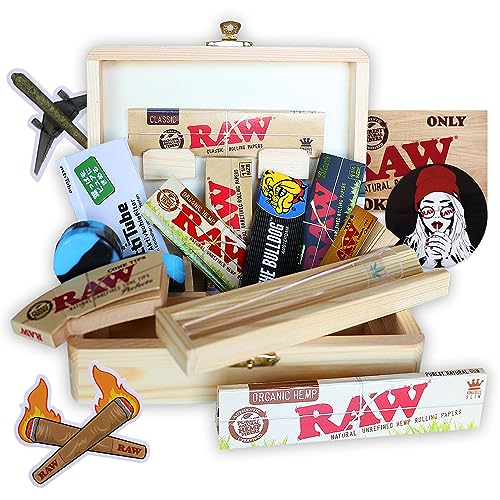 Holzbox zur Aufbewahrung 16x12x5cm – Raucher-Set + Zigarettenzubehör: + Raw Papers + Tips + Cones + Raw Stickers +Actitube - Gift for Smokers von THE BOAT