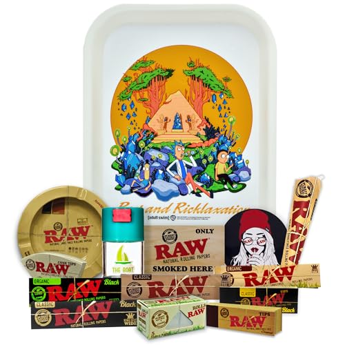 Rolling Tray Rick and Morty original 27.5 x 17.5 cm + Airtight Tin + RAW ashtray + Raw papers KingSize + 5 meters + Tips + Raw Cones Kingsize + Stickers – Gift for smokers (Rest and Ricklaxation) von THE BOAT