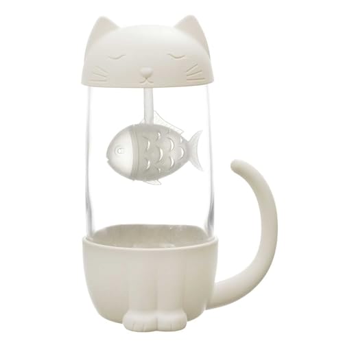 THE CONCEPT FACTORY, KA0554, Kawaii Catfish Infuser Mug 30Cl - Elegant Tableware, Ideal for Tea and Coffee, Ceramic and Transparent Glass, Fun Design, White, Transparent von THE CONCEPT FACTORY