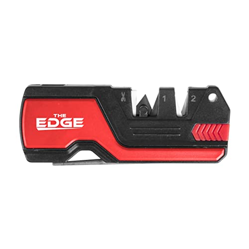 THE EDGE 6in1 Messerschärfer mit Feuerstein & Pfeife Messerschleifer glatt + Wellenschliff Messer kleiner Messerschärfer Schärfer Schleifgerät Messer Messerschleifgerät (Rot) von THE EDGE