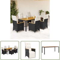 7-tlg. Garten-Bistro-Set mit Kissen Schwarz Poly Rattan - Gartenmöbel - Lounge Sessel - Outdoor Möbel - Rattan Gartenmöbel - Esstisch - The Living von THE LIVING STORE