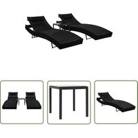 Sonnenliegen 2 Stk. mit Tisch Poly Rattan und Textilene Schwarz - Sonnenliegen - Gartenmöbel - Rattan Möbel - Outdoor Möbel - Lounge Möbel - The von THE LIVING STORE