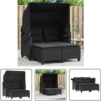 Gartensofa 2-Sitzer mit Dach und Hockern Schwarz Poly Rattan - Gartensofa - Outdoor Möbel - Gartenmöbel - Rattan Gartenmöbel - Sonnendeck - The von THE LIVING STORE