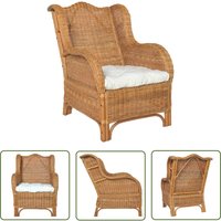 The Living Store - Sessel mit Kissen Hellbraun Natürliches Rattan und Leinen - Rattenstuhl - Gartenstuhl - Lounge Chair - Sitzgelegenheit von THE LIVING STORE
