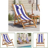 The Living Store Strandstuhl Klappbar Blau Weiß Massivholz Eukalyptus und Stoff - Holzmöbel - Gartenstuhl - Lounge Chair - Sonnenliegen - Outdoor von THE LIVING STORE