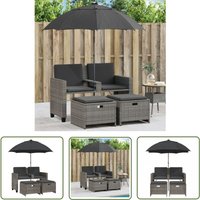 The Living Store - vidaXL Gartensofa 2-Sitzer Sonnenschirm und Hocker Grau Poly Rattan von THE LIVING STORE