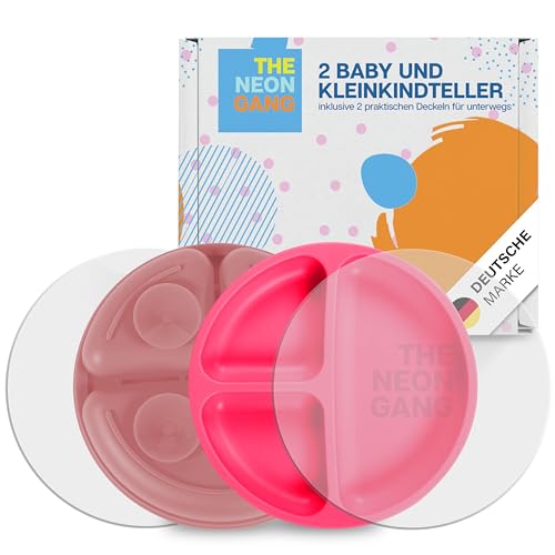 THE NEON GANG® nachhaltige Babyteller mit Deckel (2 Sets) - Kleinkindteller mit Saugnäpfen - 100% BPA freies Silikon - LFGB zertifiziert - extrastarker Halt - pink von THE NEON GANG