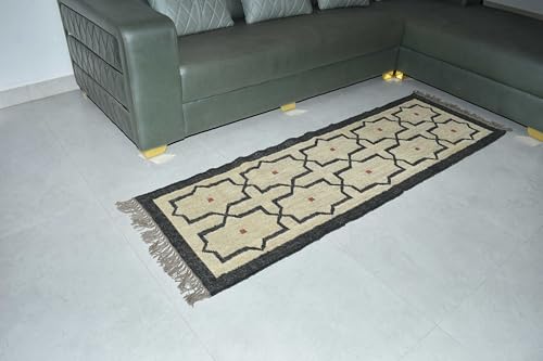 THE PIKKU INTERNATIONAL Kelim Dhurie Handgeknüpfter Teppich aus Wolle, Jute, rustikaler Look, für Eingangsbereich, Esszimmer, Wohnzimmer (60 x 120 cm) von THE PIKKU INTERNATIONAL