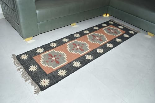 THE PIKKU INTERNATIONAL Kelim Dhurie Handgeknüpfter Teppich aus Wolle, Jute, rustikaler Look, für Eingangsbereich, Esszimmer, Wohnzimmer (90 x 270 cm (Rechteck)) von THE PIKKU INTERNATIONAL