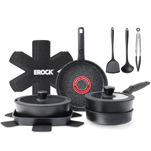 THE ROCK Smart Space 16-teiliges Antihaft-Kochgeschirr-Set mit Rock.TEC, stapelbares Kochgeschirr-Set mit abnehmbaren Griffen, kratz-/flecken-/rissfest, induktionsgeeignet, ofen- und von THE ROCK