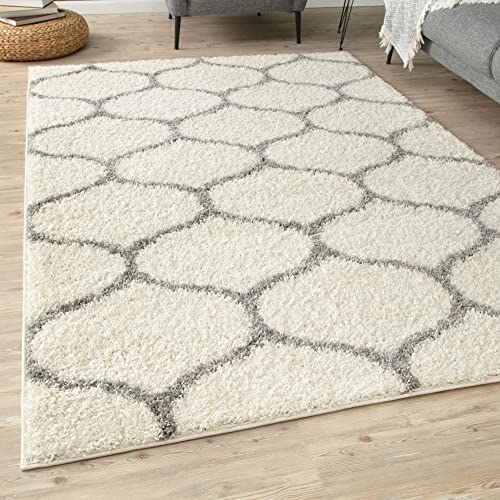 THE RUGS Shaggy Teppich - Modernes marokkanisches Design Teppiche für Wohnzimmer, Schlafzimmer, Flur, 3 cm Dicke Teppiche (Rankgitter Elfenbein/Grau, 80 x 150 cm) von THE RUGS