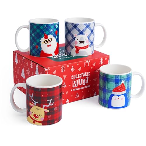 The TWIDDLERS Set von 4 sortierten Weihnachtsbecher - 340ml Urlaub Tassen mit Santa, Pinguin, Teddybär, Rentier Design - Secret Santa Xmas Party Geschenk von THE TWIDDLERS