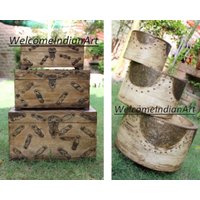 Alte Holzkiste Und Schüssel Handarbeit Handgemachte Hochzeit Erinnerungsbox Lagerung Sandook Home N Living 3Er Set von THEDNAGROUPJODHPUR