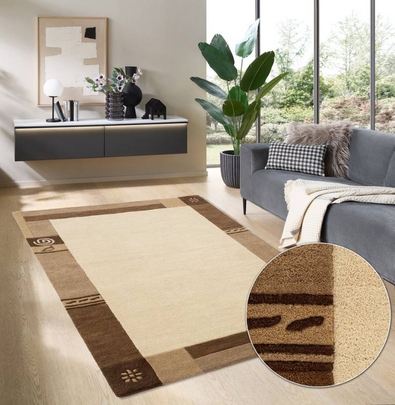 THEKO Wollteppich Tromso, Wolle, Handgefertigt, Bordüre mit Hoch-Tief-Effekt, rechteckig, Höhe: 15 mm, Wohnzimmer, Schlafzimmer, Esszimmer von THEKO