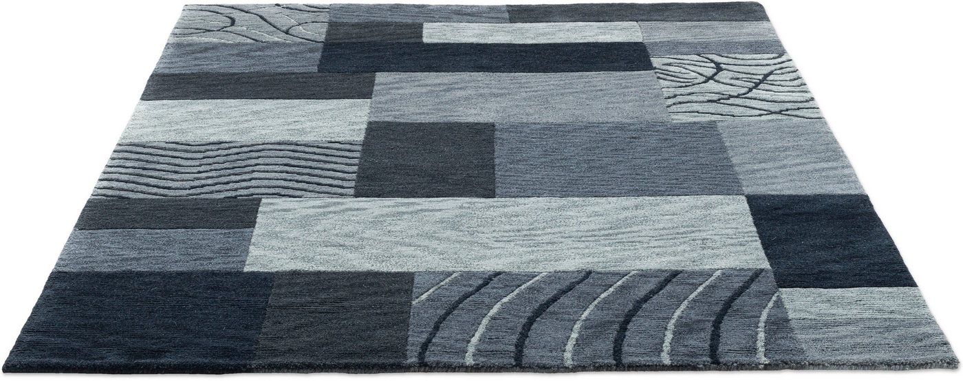 Wollteppich Domas 4028, THEKO, rechteckig, Höhe: 12 mm, Kurzflor, reine Wolle, handgeknüpft, modernes Patchwork Design von THEKO