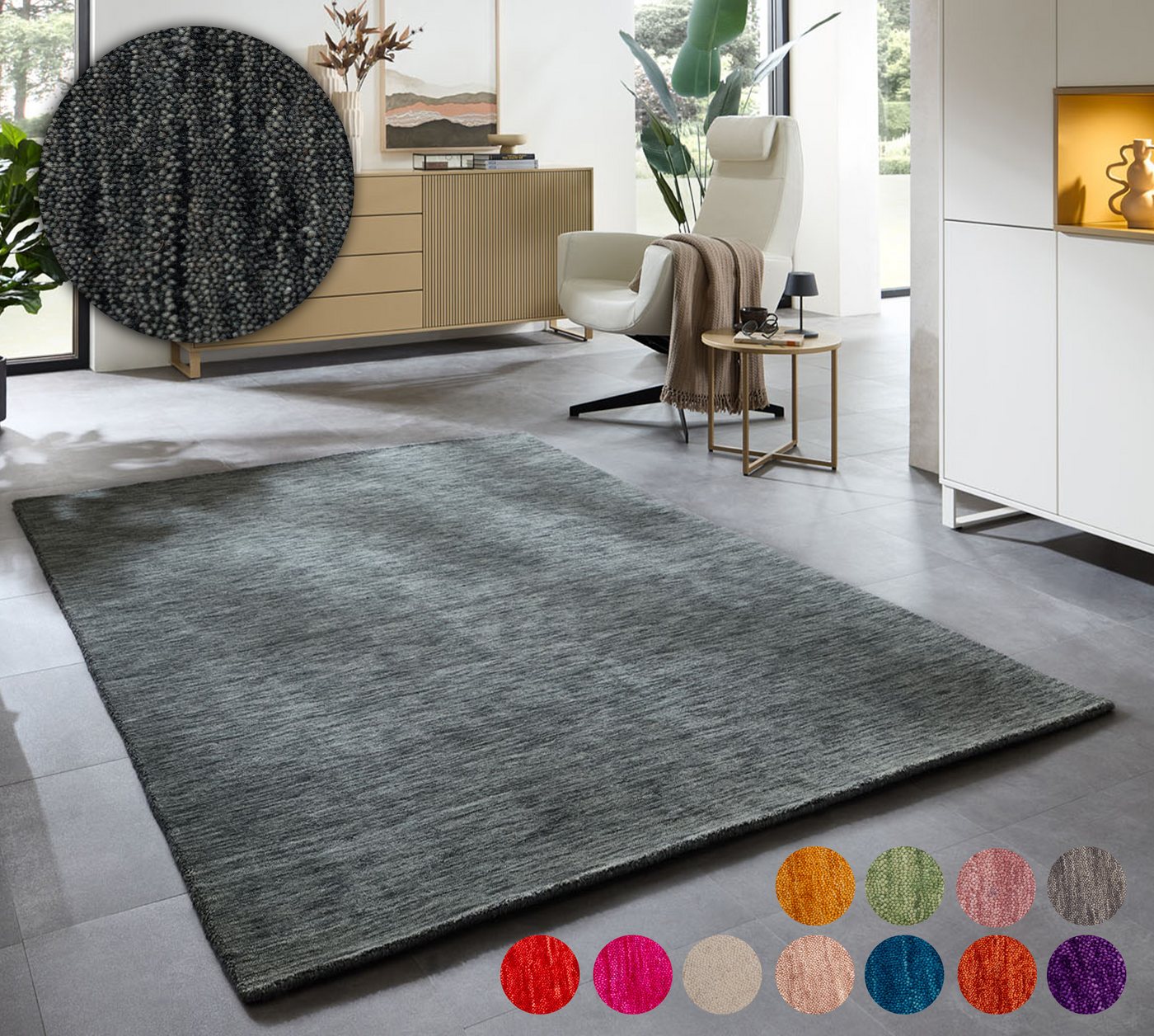 THEKO Wollteppich Holi, rechteckig, Höhe: 13 mm, Uni-Farben, leicht meliert, reine Wolle, handgewebt mit Knüpfoptik von THEKO