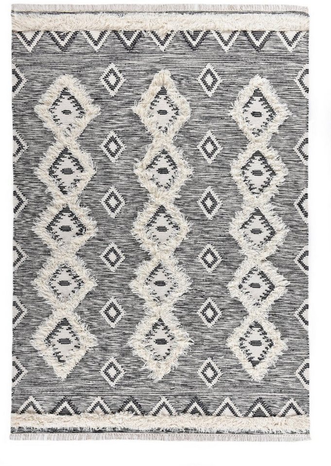Wollteppich Mora - 14019, THEKO, rechteckig, Höhe: 10 mm, Handweb Teppich, reine Wolle, handgewebt, Rauten Design, mit Fransen von THEKO