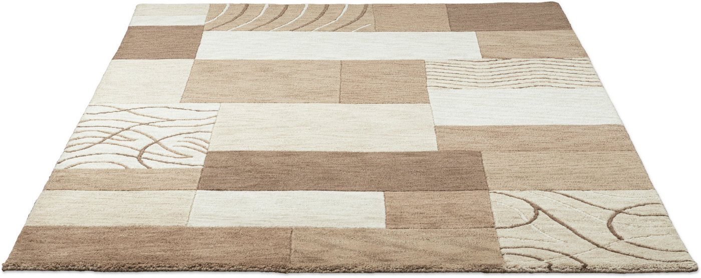 Wollteppich Royal Domas 4028, THEKO, rechteckig, Höhe: 14 mm, Kurzflor, reine Wolle, handgetuftet, modernes Patchwork Design von THEKO