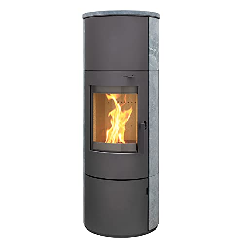 Thermia München XL Stahl gussgrau Speckstein 7kw Speicherofen mit Steinverkleidung Panoramatür Holzofen Dauerbrand geeignet Schwedenofen 150mm Abgasstutzen selbstschließende Tür (Bauart 1) von Thermia