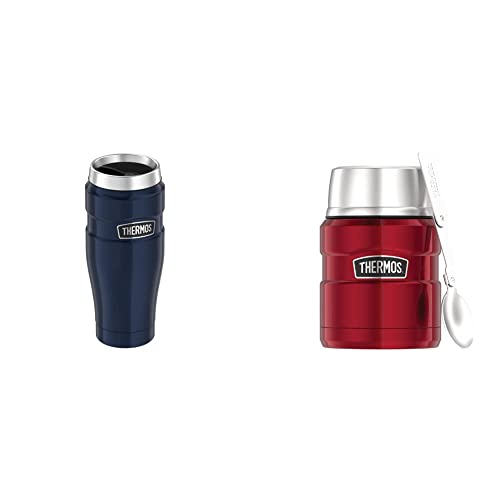 Thermos Thermobecher Stainless King, Kaffeebecher to go Edelstahl blau 470ml & Thermobehälter für Essen groß Lunchpot Stainless King, Edelstahl rot 470ml von Thermos