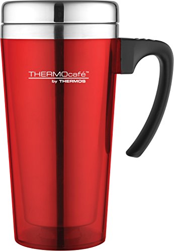ThermoCafé Thermobecher, Kunststoff und Edelstahl, weicher Griff, 420 ml, Plastik, Rot (Translucent Red), 420 ml von Thermos