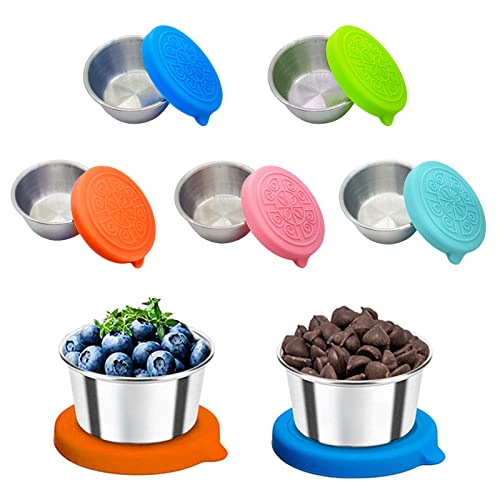 50ml Kleine Edelstahl Salatdressing Behälter 5 Stück, überlegene Qualität Gewürzbehälter mit Silikon Deckel, Auslaufsichere, Wiederverwendbare Mini Dip Sauce Becher Snack Box Lebensmittelbehälter von THETAG