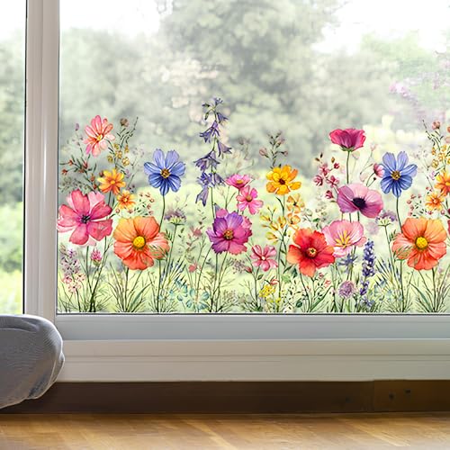 Fensterbilder Blumen,THETAG Grün Gras Frühling Fenster Abziehbilder Blumenwiese, Fensterbilder Kinderzimmer, Fenstersticker Frühling Selbstklebend Glas Fensterdeko Aufklebe von THETAG