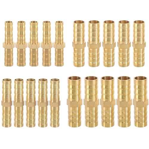THETAG 20 Stück Schlauchverbinder Set, 4-Größen Schlauch Verbindungsstück 6mm/8mm/10mm/12mm Messing Schlauchverbinder Set für Luftleitung Wasserleitung Kraftstoffleitung Olleitung von THETAG