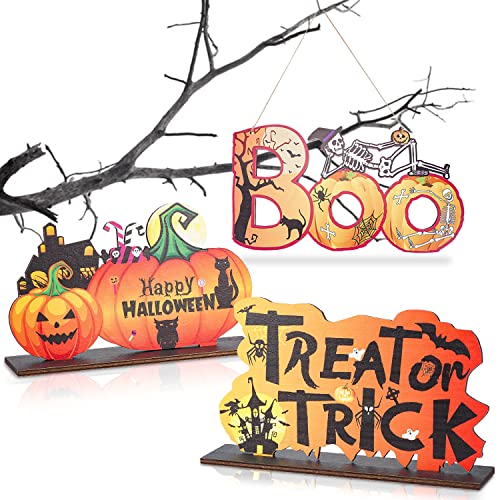 Happy Halloween Tisch Dekorationen, 3pcs Halloween Holz Mittelstück Schilder Trick or Treat Boo Tischschilder, Kürbis Tisch Zeichen Holz Süßigkeiten Tag für Halloween Party Tischdekoration von THEXIU