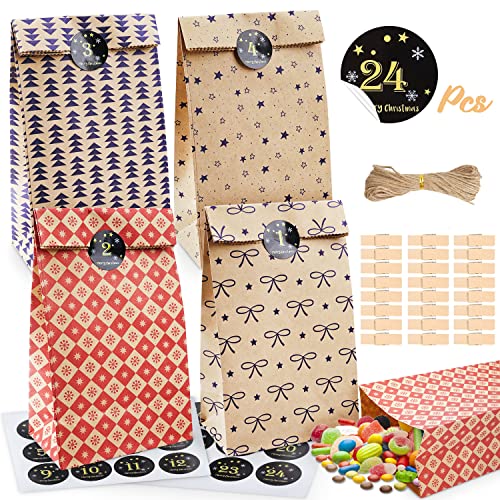 Weihnachtstüten 24 pcs, Weihnachtliche Geschenktüten, Weihnachten Geschenksäckchen, Süssigkeiten Beutel Weihnachtliche, DIY Stoffbeutel, Bunt Papiertüten, für Party Weihnachten Kraft Geschenkpapier von THEXIU