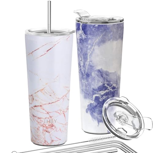 Edelstahl-Vakuumisolierter Becher – THILY 780 ml dreifach isolierter Reisebecher mit spritzwassergeschütztem Deckel, für Eiskaffee und heiße Getränke, 2er-Pack, Goldener Marmor + Blauer Marmor von THILY