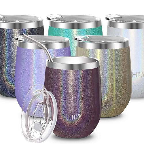 THILY T2 Weinglas, Edelstahl, isoliert, ohne Stiel, tragbar, Reiseweinglas mit auslaufsicherem Deckel und wiederverwendbarem Strohhalm, 340 ml, Glitzer Rotbraun von THILY