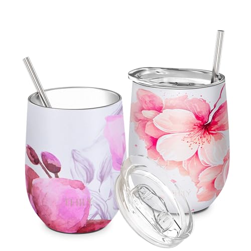 THILY Vakuumisolierter Weinkelch ohne Stiel 12 oz Edelstahl-Weinglas mit Deckel und Strohhalm, hält Kaffee oder Cocktails kalt oder heiß, 2er-Pack (Lotusblüte + Kirschblüten) von THILY