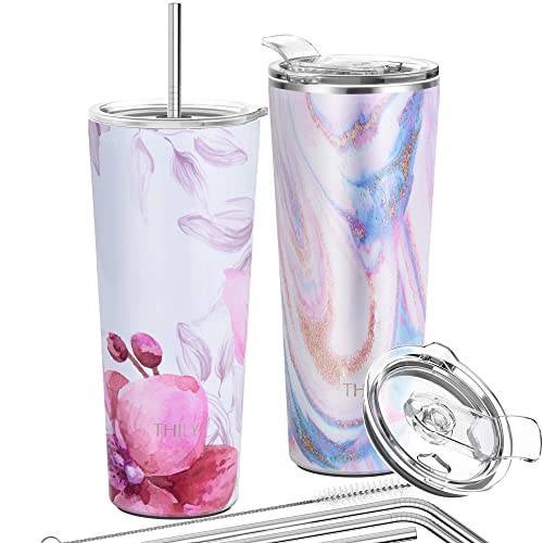 Vakuumisolierter Edelstahlbecher – THILY 780 ml dreifach isolierter Reisebecher mit spritzwassergeschütztem Deckel, für Eiskaffee und heiße Getränke, 2er-Pack, Pink Ripple + Lotus Flower von THILY