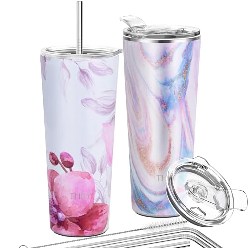 Vakuumisolierter Edelstahlbecher – THILY 780 ml dreifach isolierter Reisebecher mit spritzwassergeschütztem Deckel, für Eiskaffee und heiße Getränke, 2er-Pack, Pink Ripple + Lotus Flower von THILY