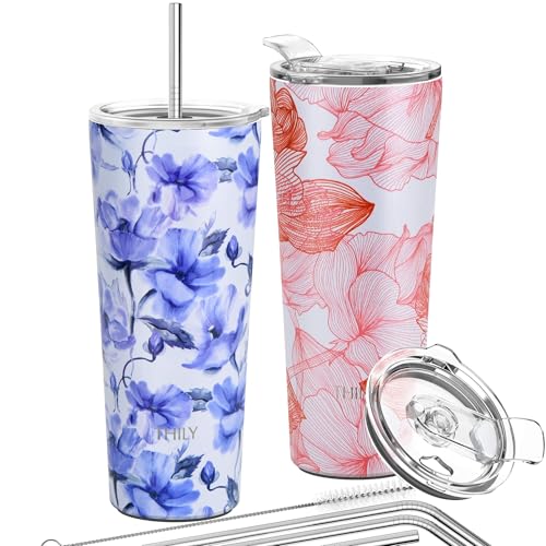 Vakuumisolierter Edelstahlbecher – THILY 780 ml dreifach isolierter Reisebecher mit spritzwassergeschütztem Deckel, für Eiskaffee und heiße Getränke, 2er-Pack, Schwertliliengewächse + Roter Lotus von THILY