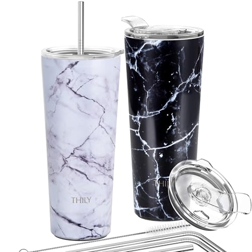 Vakuumisolierter Edelstahlbecher – THILY 780 ml dreifach isolierter Reisebecher mit spritzwassergeschütztem Deckel, für Eiskaffee und heiße Getränke, 2er-Pack, weißer Marmor + schwarzer Marmor von THILY