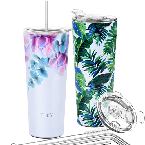 Vakuumisolierter Edelstahlbecher – THILY 780 ml dreifach isolierter Reisebecher mit spritzwassergeschütztem Deckel, für Eiskaffee und heiße Getränke, 2er-Pack, grüne Pflanzen + rosa Lilien von THILY