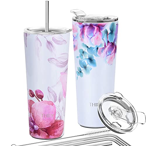 Vakuumisolierter Edelstahlbecher – THILY 780 ml dreifach isolierter Reisebecher mit spritzwassergeschütztem Deckel, für Eiskaffee und heiße Getränke, 2er-Pack, rosa Lilien + Lotusblüte von THILY