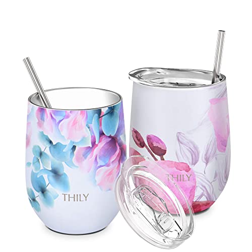 THILY Vakuumisolierter Weinbecher ohne Stiel 12 oz Weinglas aus Edelstahl mit Deckel und Strohhalm, hält kalt oder heiß für Kaffee, Cocktails, 2er-Pack (rosa Lilien + Lotusblume) von THILY