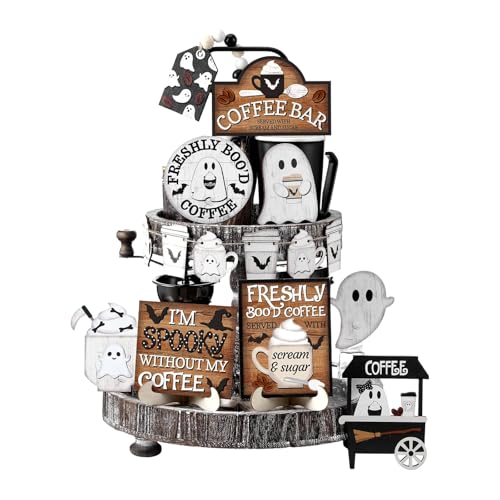 THINCAN 19pcs Halloween Kaffeespeger Dekore Holzschild Perlen Stufen Tablett Bauernhäuser Styles Home Party Tabletop Display Easy Setups Halloween Dekorationen von THINCAN
