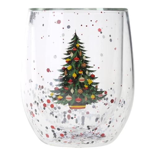 Weihnachtsbaummuster Glitzer Pailla Tasse Hochtemperaturbeständiges Transparentes Doppel Wand Wasser Milch Kaffee Glasglas Kaffeetassen Mit Deckel Wiederverwendbar von THINCAN
