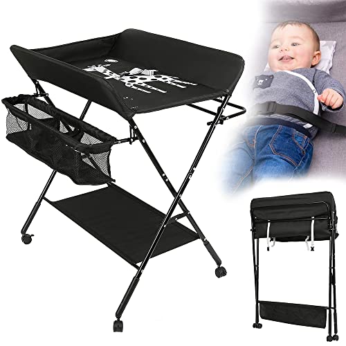 Baby Wickelkombi - klappbare Wickelkommode, mobiler Wickeltisch mit Wickelauflage, Sicherheitsgurt und Ablagefächern (Schwarz) von THINFAR