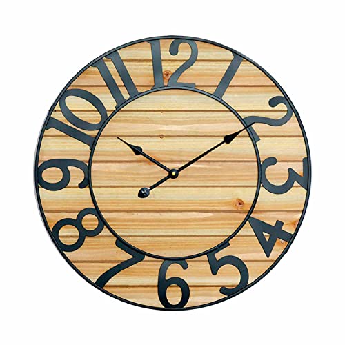 THINIA HOME - Vintage geprägte Wanduhr mit schwarz/Holz Zifferblatt, Ø60 cm, Zuhause, Büro und Büro, stufenloses Nadelwerk, extra leise, geprägte Ziffern, Aktuelles Design, natürliche Farbe von THINIA HOME