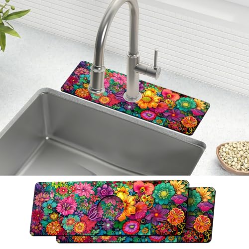 2 Stück super saugfähige Spülbeckenmatten – schnell trocknender Spritzschutz für Küchenarmatur | Arbeitsplatte und Badezimmermatte 38,1 x 14,9 cm (Blumen-4, 38,1 x 14,9 cm) von THISFIND