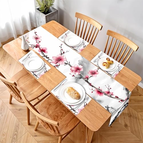 Elegantes Kirschblüten-Tischläufer- und Platzdeckchen-Set – 1 Tischläufer und 4 Tischsets – orientalischer Aquarell-Stil mit blühenden rosa Blüten für Frühlingsessen, Tee-Einrichtungen und von THISFIND